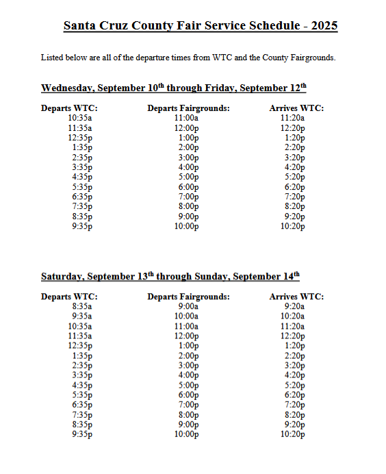 Fair Service Schedule 2025